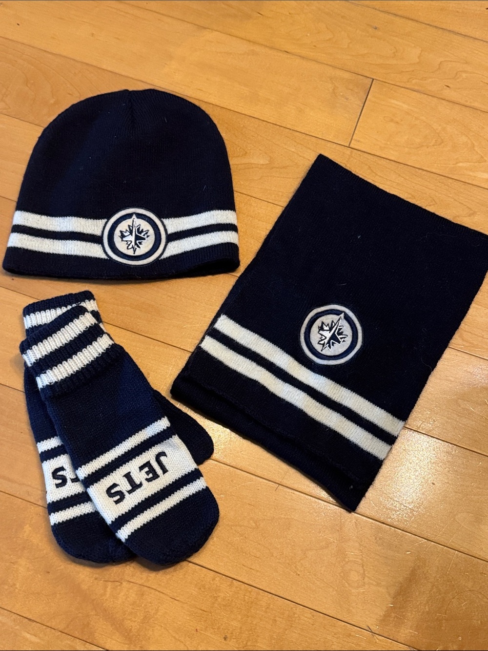 Kids NHL Winnipeg Jets Navy Blue Knit Hat, Scarf & Mittens Set